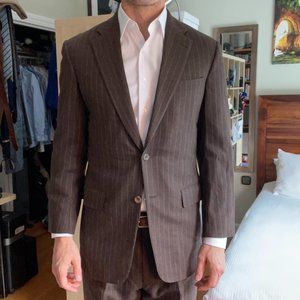 Brown pinstripe suit in wool flannel by Samuelsohn